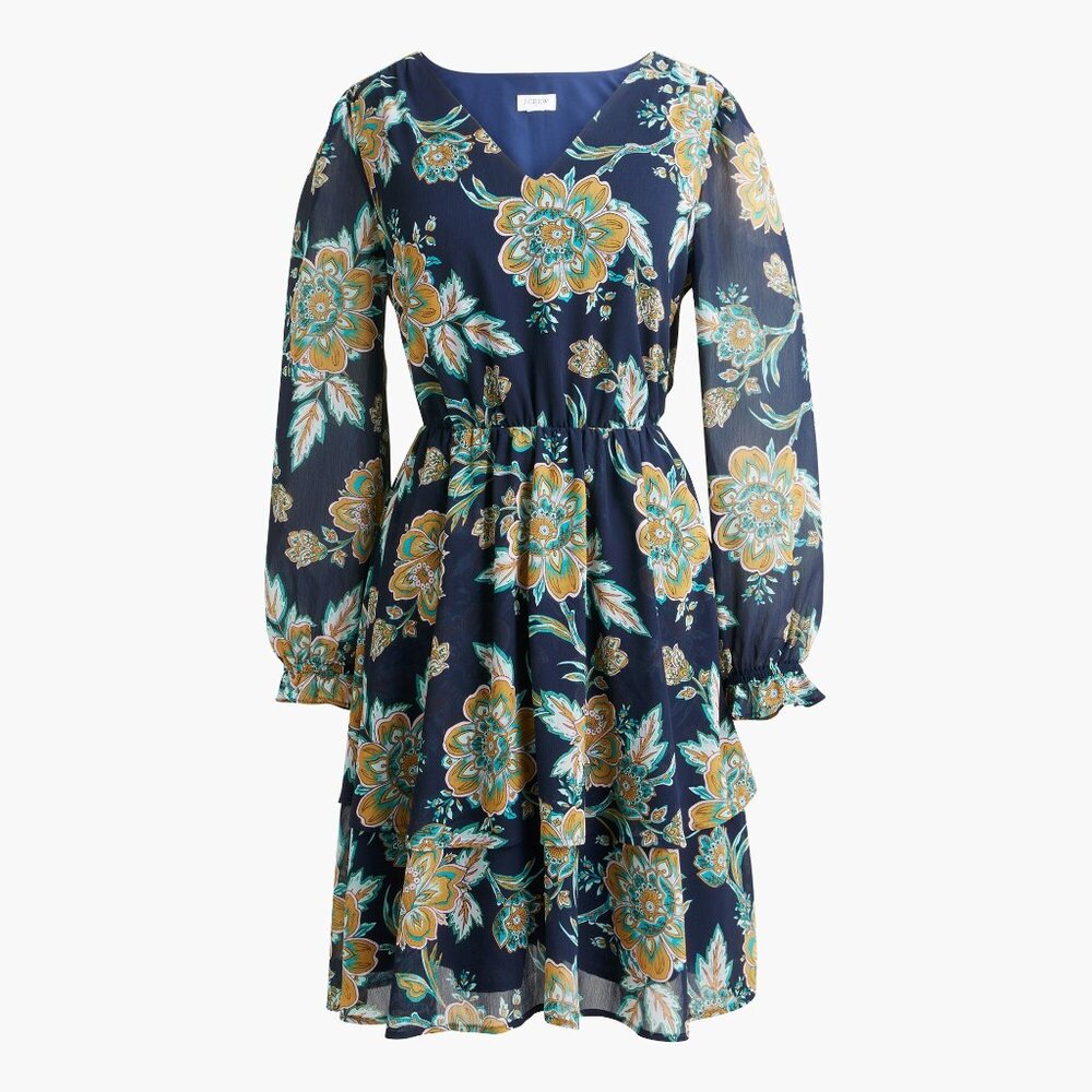 NWT Womens Size 10 J. Crew Navy Blue Long Sleeve Tiered Hem Floral Dress NEW
